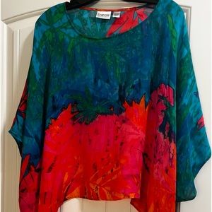 Chico’s M/L 100% Silk Kimono Top Pullover poncho style Handkerchief hem